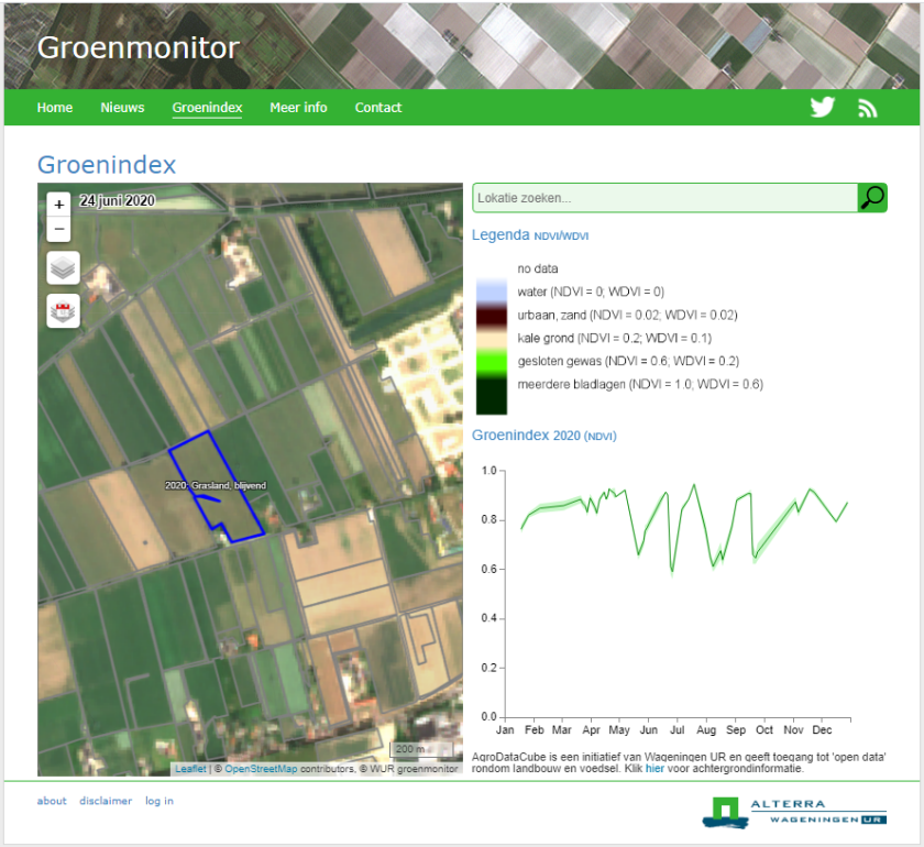 Afbeelding 1. Screenshot van Groenmonitor.nl met het NDVI groenindex verloop in 2020 van een grasperceel (blauw omrand). In de grafiek zijn vier duidelijke oogstmomenten zichtbaar.