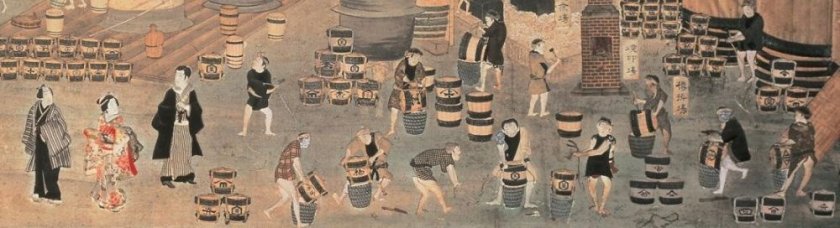 Photo shows the production of soy sauce (especially the bottling process) in 19th century.